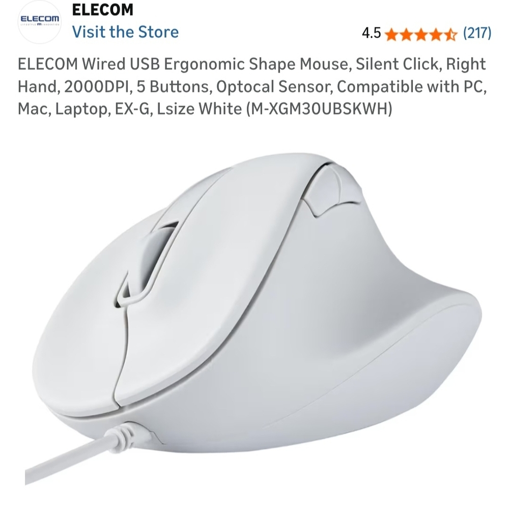 Ergonomic Wired USB Mouse - Lsize White